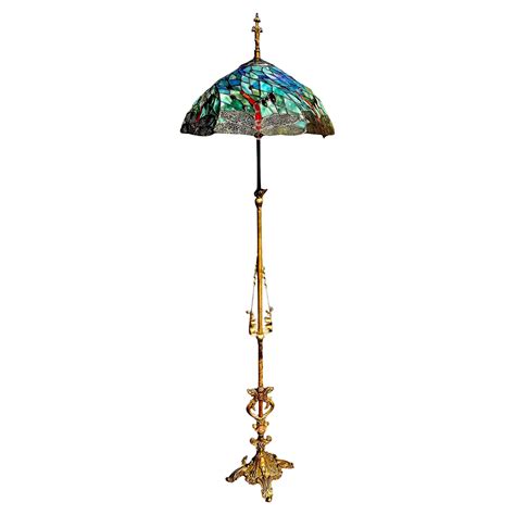 1920’s Brass And Iron Floor Lamp With Vintage Tiffany Style Swirl Shade ...