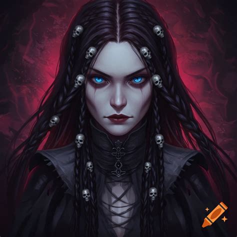 A dark fantasy portrait of a woman with bright blue eyes and intricate ...