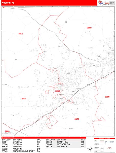 Auburn Alabama Zip Code Wall Map (Red Line Style) by MarketMAPS