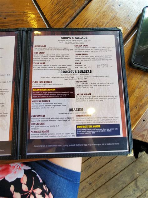 Menu at The Snyder's Bonfire restaurant, West Leechburg, Leechburg Rd