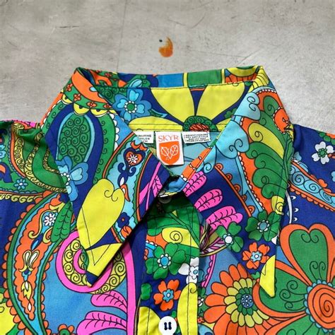 70's SKYR 総柄ナイロンシャツ SCANDIA TRADING CO INC サイケデリック ヒッピー Peter Max ピーター ...