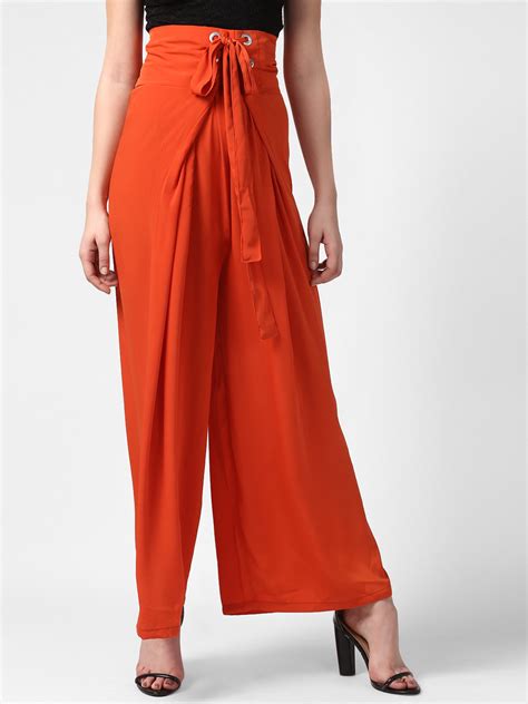 Women's Orange Polyester High Waisted Palazzo with front Rivets and Ba ...