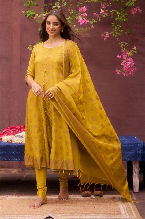 Buy Mustard Yellow Yarn Dyed Cotton Blend Embroidered Anarkali Kurta ...