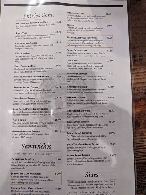 Menu at The Corner Stable restaurant, Cockeysville