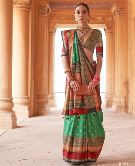 Marriage Party Wear Kanjivaram Silk Saree | Engagement Geet Roka Sari ...