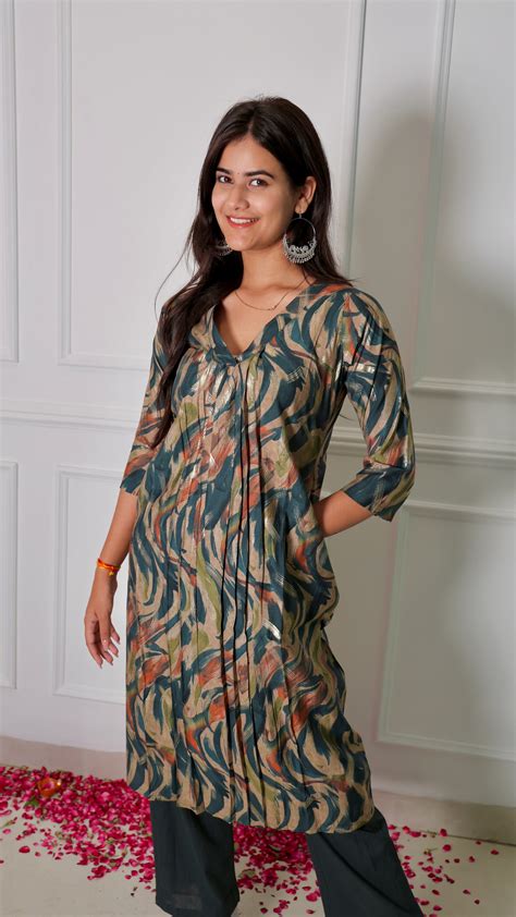 Teal Blue V-Neck Kurta – Sivasamgi