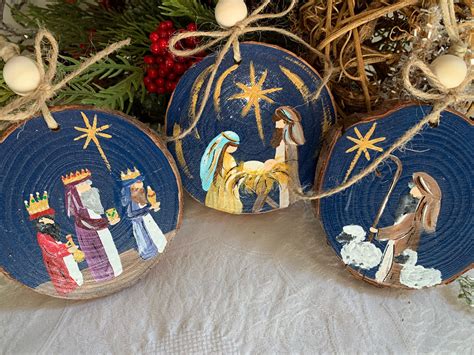 Nativity Ornament Set, Away in a Manger, Hand Painted, Original, Wood ...