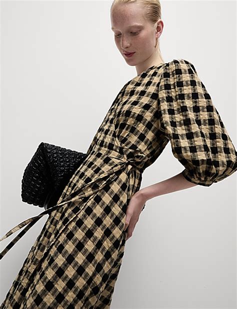 Buy Pure Cotton Checked V-Neck Midi Wrap Dress at Marks & Spencer