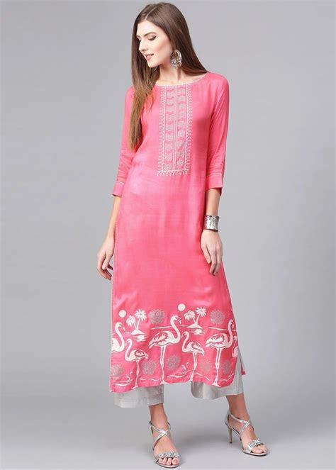 Get flamingo-printed-border-pink-kurta-1 at ₹ 804 | LBB Shop