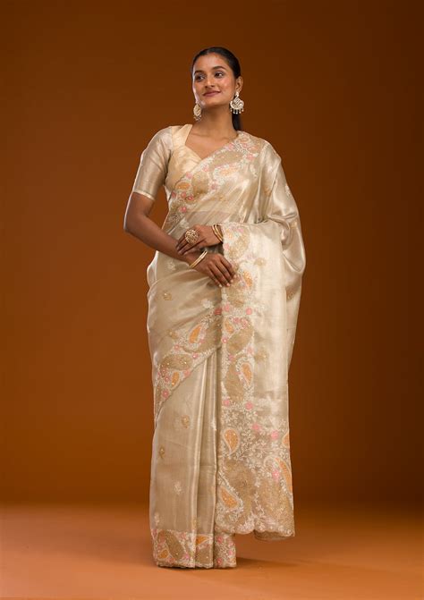 Buy Baby Pink Threadwork Tissue Saree - Koskii