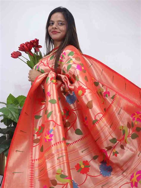 Red Paithani Brocade Silk Bird And Flower Design Saree - Luxurionworld