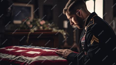 Premium Photo | Soldier grieving over casket draped with USA flag