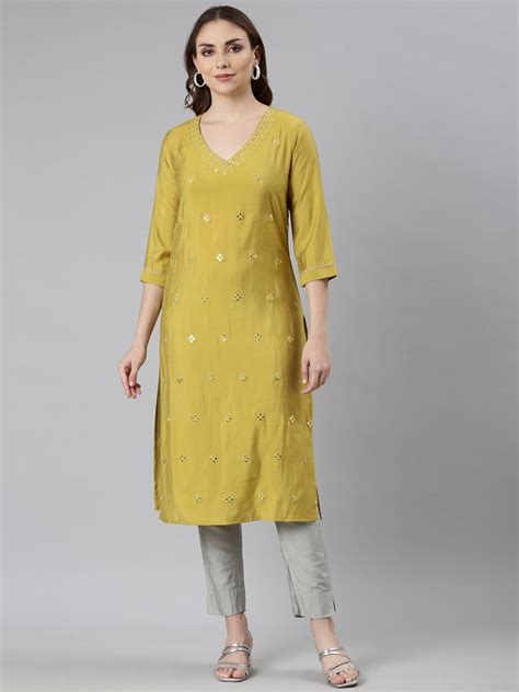 Neerus Green Panelled Straight Embellished Kurtas – Neerus India