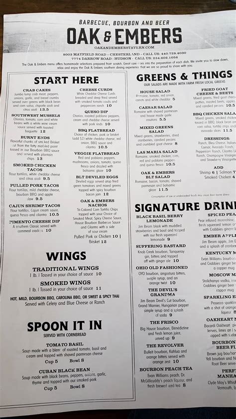 Menu at Oak & Embers Tavern restaurant, Chesterland