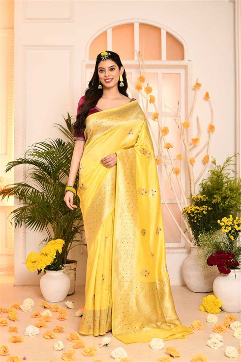 Lemon Yellow Pure Katan Chiniya Silk Banarasi Handloom Saree With Kadh ...