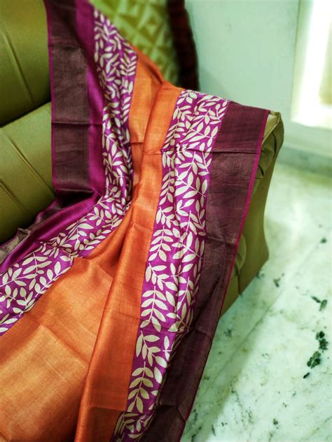 Orange Block Printed Zari Border Pure Silk Mark Certified Tussar Silk ...