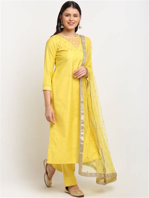 Glowing Yellow Sequinned Yoke Straight Kurti with Pants and Sequin Dup ...