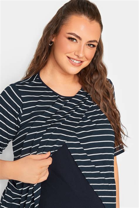 BUMP IT UP MATERNITY Curve Plus Size Navy Blue Stripe Print Nursing Top ...