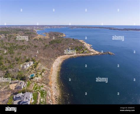 Historic coastal buildings aerial view on Gloucester Harbor in village ...
