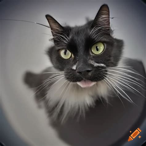 Fluffy long haired black tuxedo cat with white paws and whiskers on Craiyon