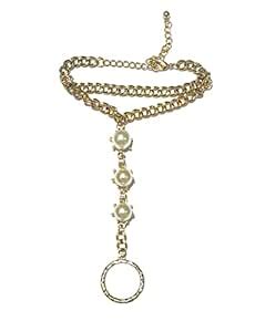 Buy LA BELLEZA Gold Plated Hand Harness Pearl Hanging Chain Bangle ...