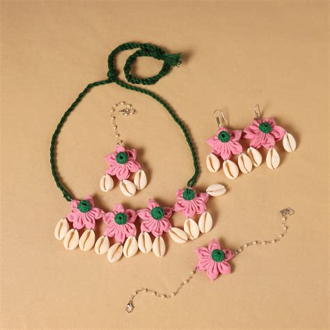 Pink Handmade Fabart Floral Jewellery Set