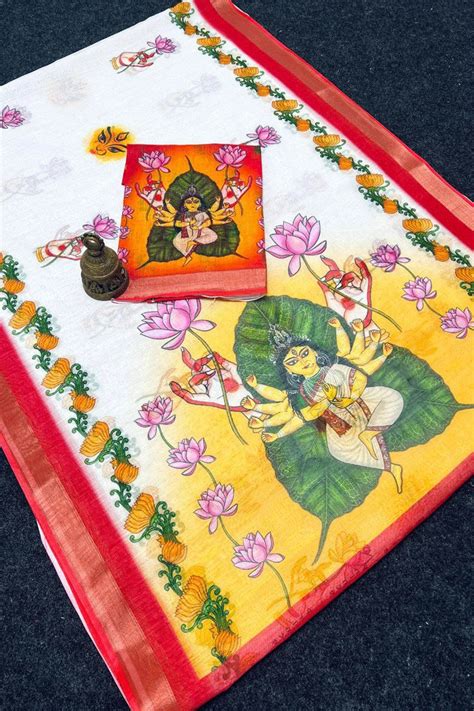 Durga Puja Red White Saree In Linen Fabric