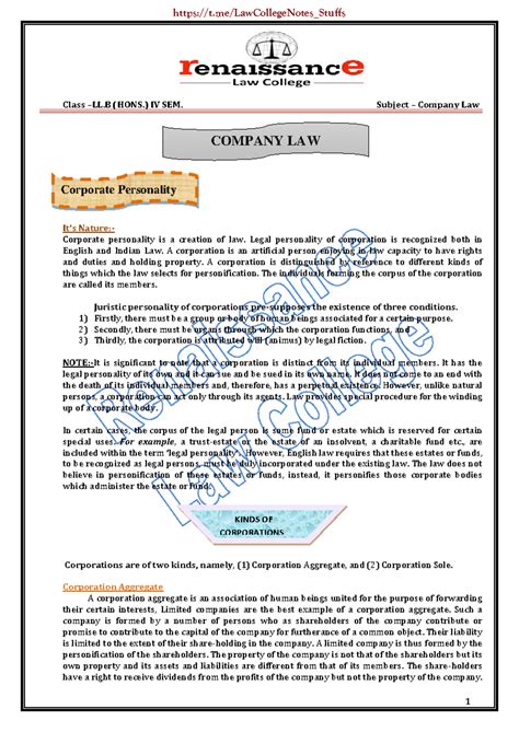 Company Law (LL.B HONS IV SEM) Notes: Corporate Personality & Types ...