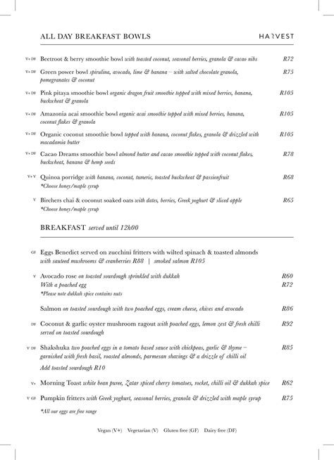 Menu at Harvest Cafe & Deli, Cape Town, 102 Wale St