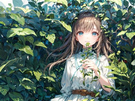 Download wallpaper 1600x1200 girl, dress, leaves, bushes, anime ...