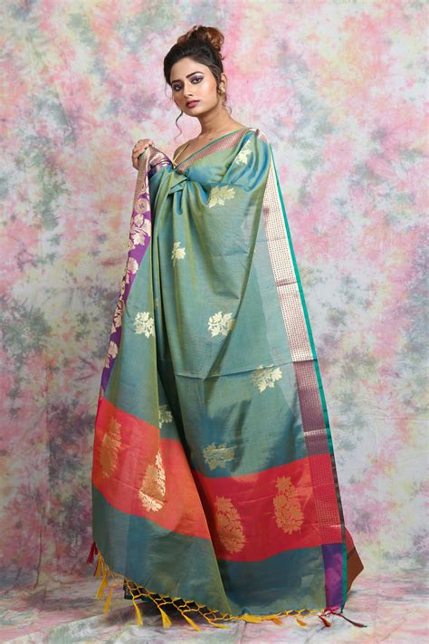 Dual Tone Zari Weaving Blue Silk Saree – Charukriti