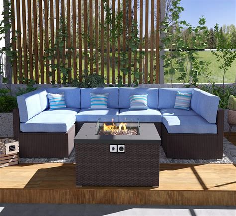 Buy HOMPUS Outdoor 7 Pieces Sectional Sofa w Fire Table, Dark Brown ...