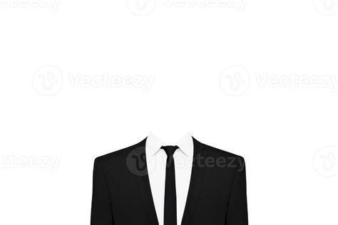 A headless figure in black suit and tie stands against plain background ...