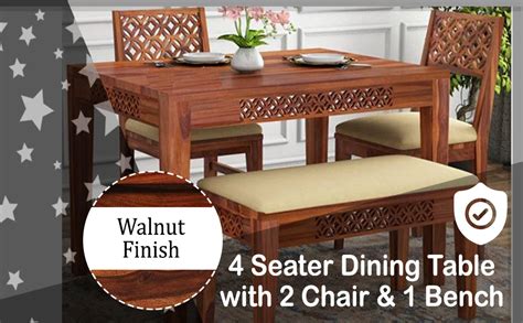WELLBORN Solid Sheesham Wood 4 Seater Dining Table with 2 Chair & 1 ...