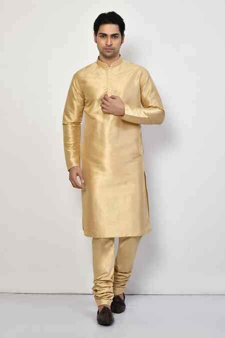 Buy Gold Silk, Cotton Mandarin Collar Metallic Kurta Set For Men by ...
