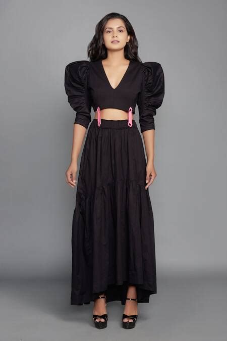Buy Black Cotton, Ponte Roma V Neck Puff Sleeve Top And Skirt Set For ...