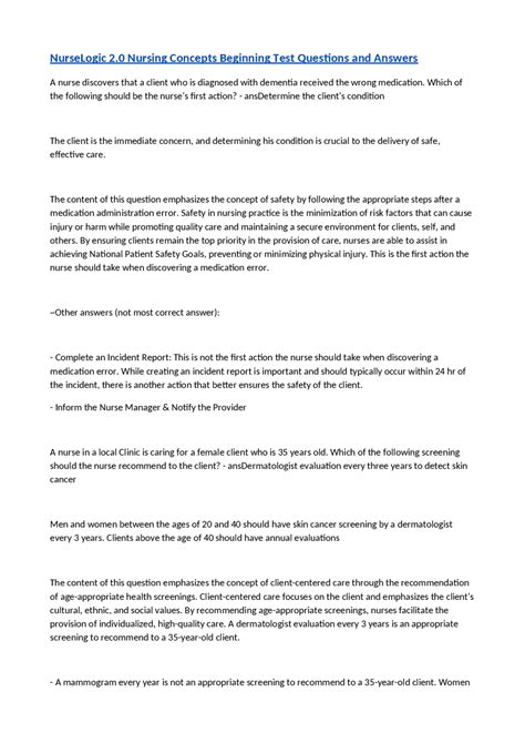 NurseLogic 2.0 Nursing Concepts Beginning Test Questions and Answers ...