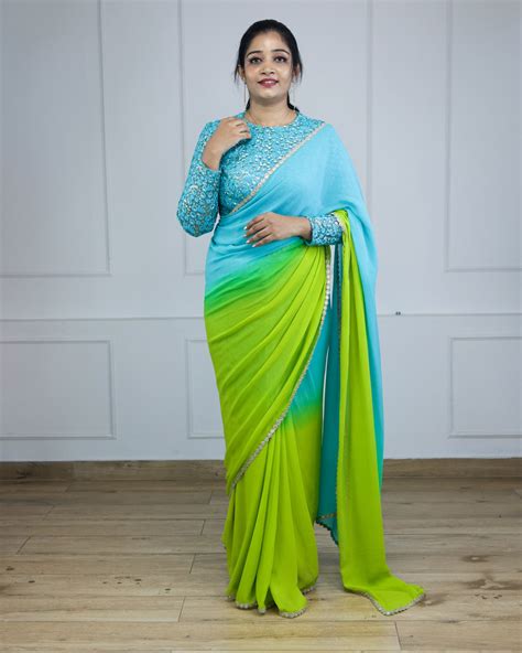 Lime Green and Turquoise Blue Ombre Saree | Buy Latest Sari Collection ...