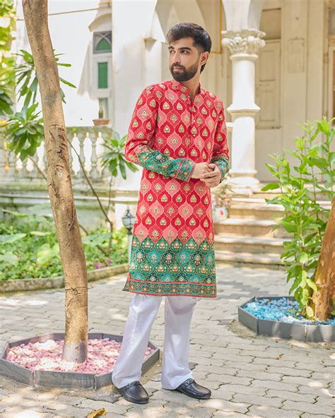 Red Bandhani Jacquard Embroidered Kurta – Avnikk Collections