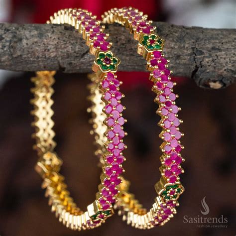 Shop Now! Micro Gold Plated Bangles with Ruby-Green AD Stones – Sasitrends