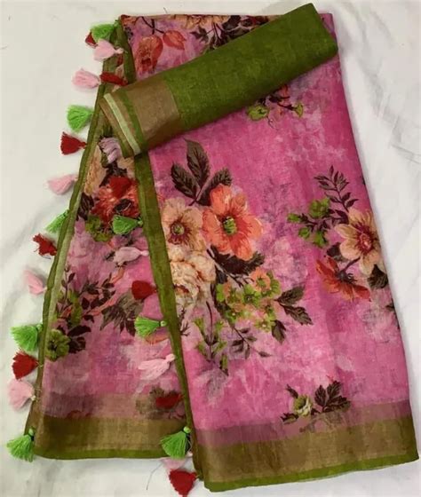 INDIAN LINEN SAREE Pink Colour Linen Saree (With Unstitched Blouse ...