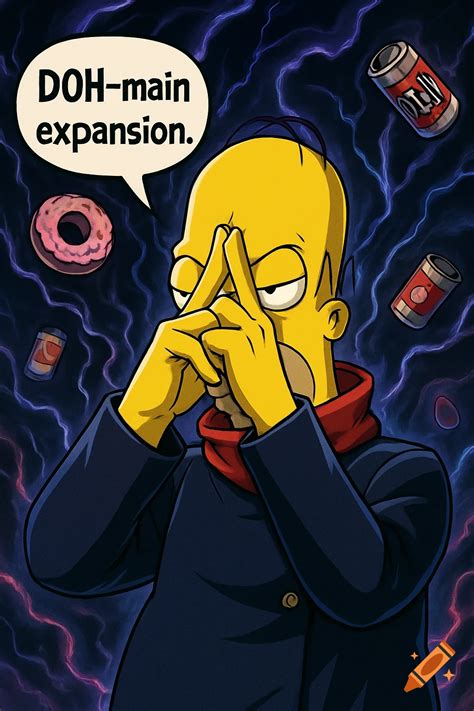 Homer Simpson in anime style, fingers crossed, speech bubble says 'DOH-main expansion ...