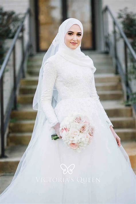 Long Sleeve White Lace Tulle Muslim Wedding Dress - VQ