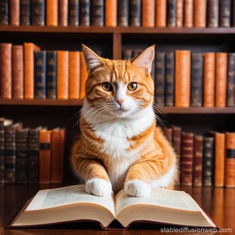 Orange Cat Reading Fantasy Book | Stable Diffusion Online