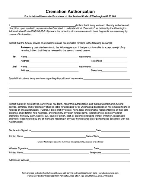 Cremation Authorization Form - Blank Fillable Template | Fill Out ...