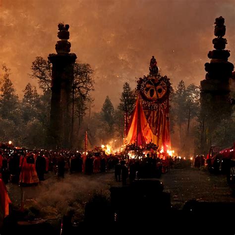 8k wide shot of a traditional Bohemian Grove ceremony, a 20 foot tall ...