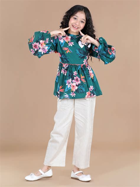 Cutiekins Green Floral Print Peplum Top & Linen Palazzo Set - Green