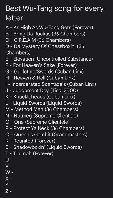 Best Wu-Tang song for each letter. Triumph resoundingly won T. Day 20 ...