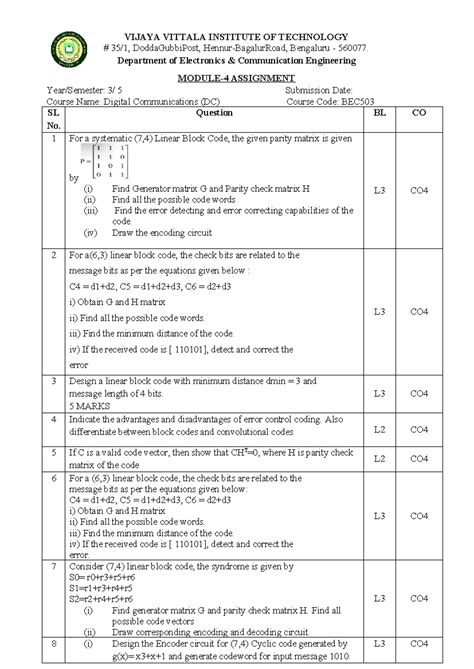 DC BEC503 Assignment 5: Linear Block Codes & Error Control Techniques ...