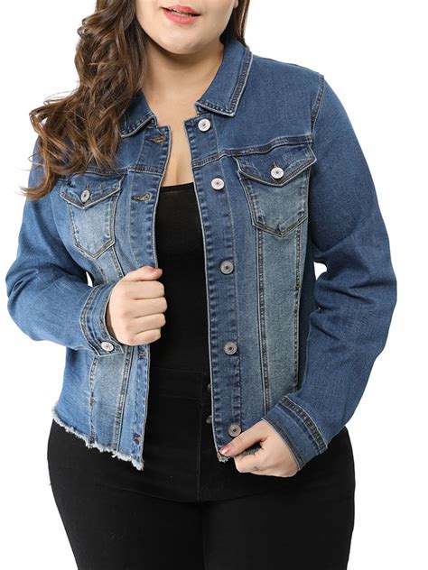 Agnes Orinda Women's Plus Size Classic Washed Denim Jacket with Frayed ...